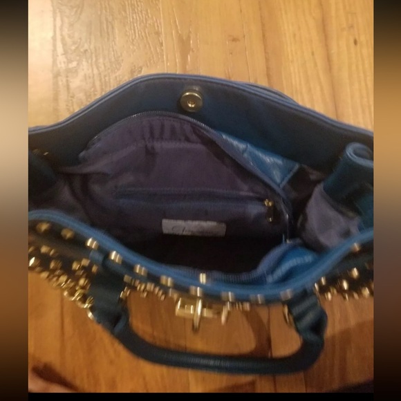 WOMEN'S BRACIANO BLUE SHOULDER HANDBAG LARGE PURSE FAUX LEATHER METAL STUDDED - Picture 5 of 5